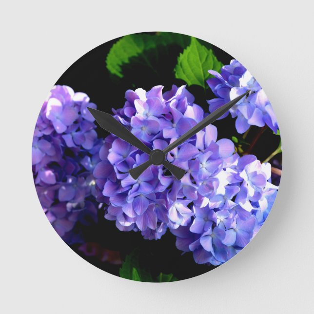 Hydrangeas, lila blauer Blume Runde Wanduhr (Vorderseite)