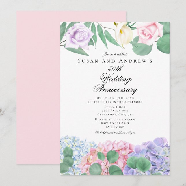 Hydrangeas Roses Wedding Anniversary Invitations Einladung (Vorne/Hinten)