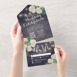 Hydrangeas String Lights Blue Flowers Wedding RSVP All In One Einladung
