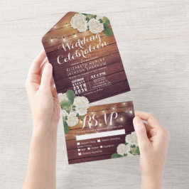 Hydrangeas String Lights Rustic Wood Wedding RSVP All In One Einladung