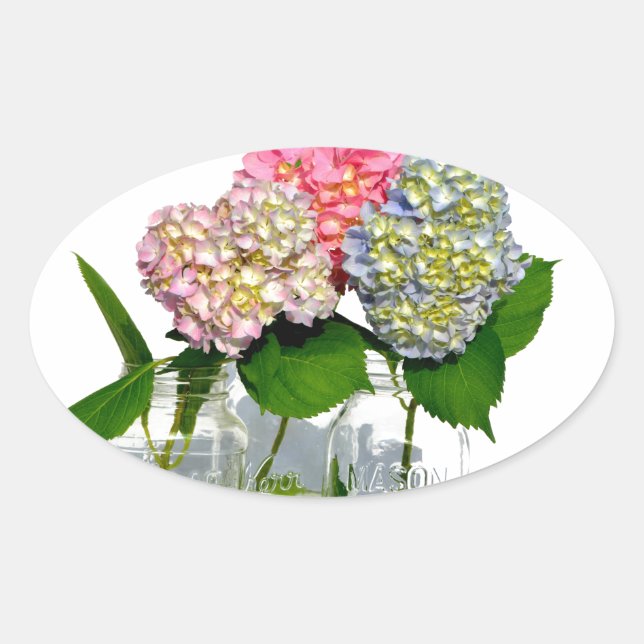 Hydrangeas und Mason jar Ovaler Aufkleber (Vorderseite)