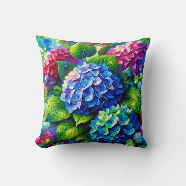 "Hydrangeas with Raindrops - Vibrant floral art" Kissen (Vorderseite)