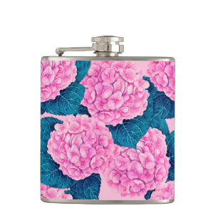 Hydrangeen-Wasserfarbenmuster, rosa und blau Flachmann