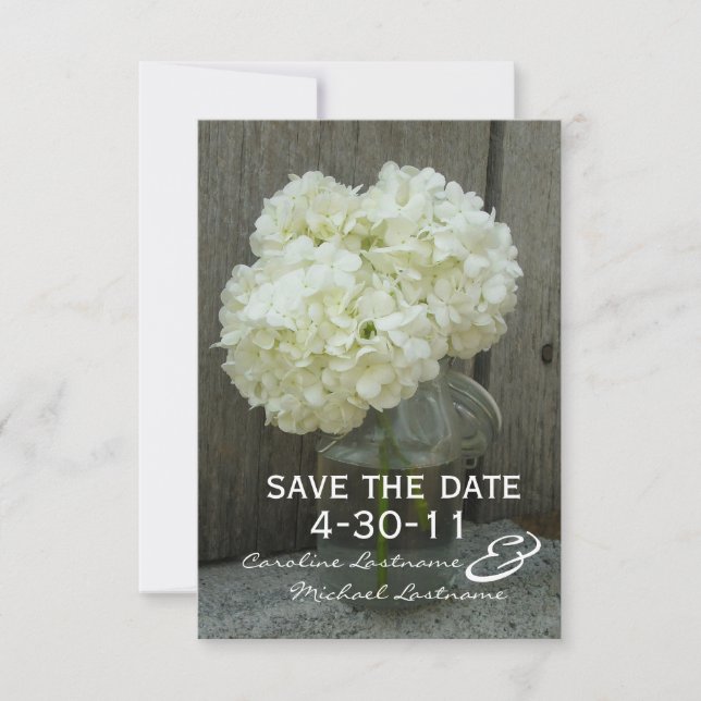 Hydrangen und Barnwood-Hochzeit retten das Datum Save The Date (Vorderseite)