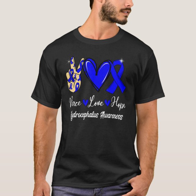 Hydrocephalus Awareness Peace Love Hope Blue Ribbo T-Shirt (Vorderseite)