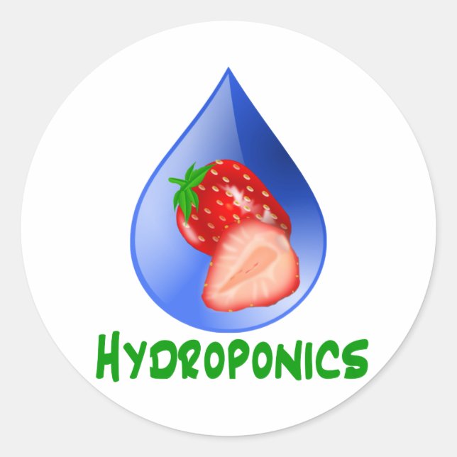 Hydroponik, Erdbeeren, grüner Text, blauer Tropfen Runder Aufkleber (Vorderseite)