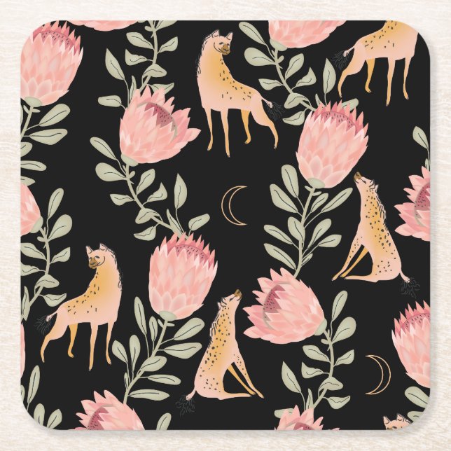 Hyena & Protea: Dunkles Vintages Muster Rechteckiger Pappuntersetzer (Vorderseite)