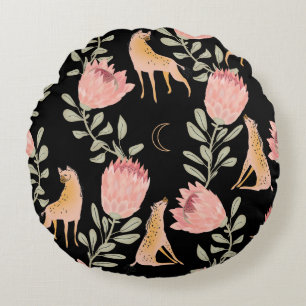 Hyena & Protea: Dunkles Vintages Muster Rundes Kissen