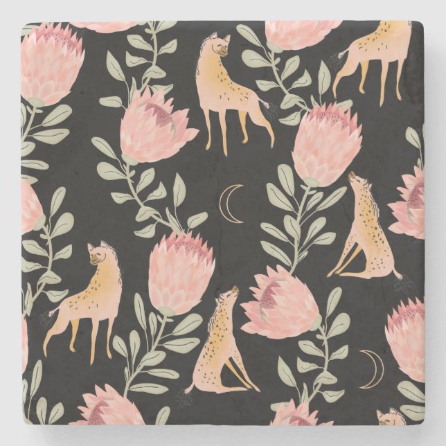 Hyena & Protea: Dunkles Vintages Muster Steinuntersetzer (Vorderseite)
