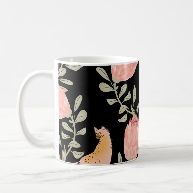 Hyena & Protea: Schwarzer Hintergrund Nahtlos Kaffeetasse (Links)