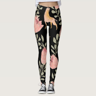 Hyena & Protea: Schwarzer Hintergrund Nahtlos Leggings