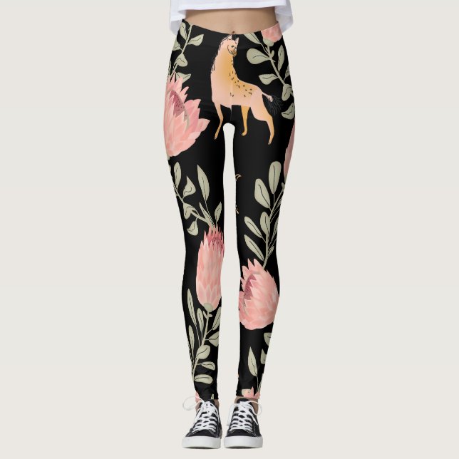 Hyena & Protea: Schwarzer Hintergrund Nahtlos Leggings (Vorderseite)