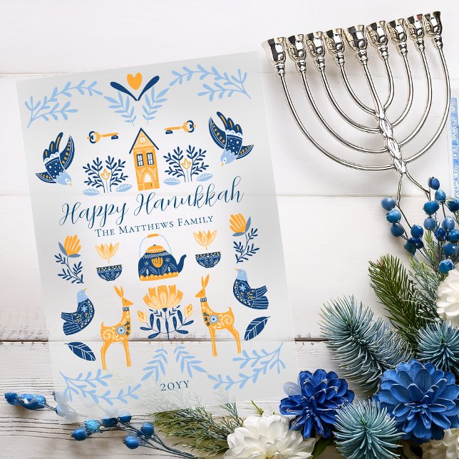 Hygge Blue | Yellow Unique Happy Hanukkah Acryleinladungen (Hygge Style Blue and Golden Yellow Unique "Happy Hanukkah" Acrylic Greeting Card)