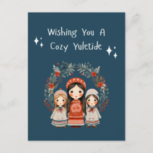 Hygge Christmas Mother and Daughters Wreath Feiertagspostkarte