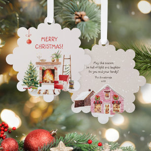 Hygge Wasserfarbe Kamin Schneeflocke Weihnachten Ornament Karte