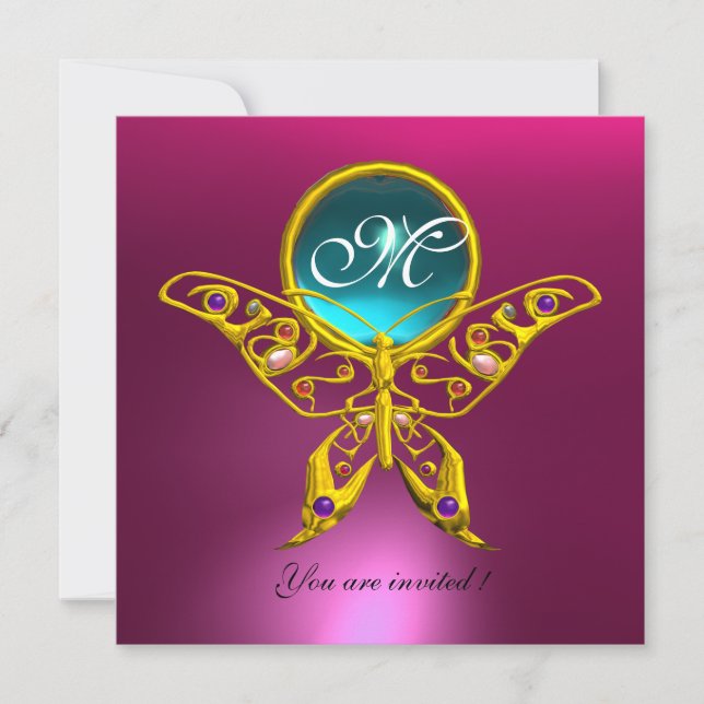HYPER BUTTERFLY MONOGRAM, blau, aquamarinrosa Einladung (Vorderseite)