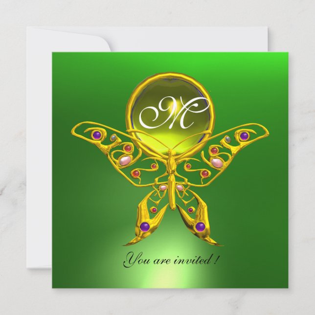 HYPER BUTTERFLY MONOGRAM, grün, gelb topaz Einladung (Vorderseite)