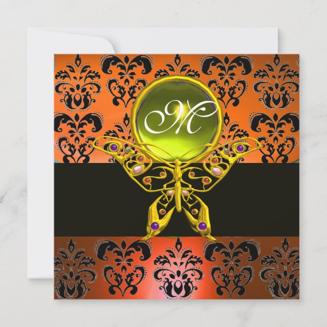 HYPER BUTTERFLY MONOGRAM, orangefarbener Damast, g Einladung (Vorderseite)