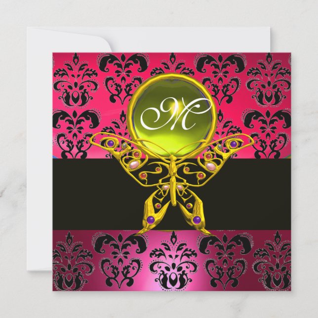 HYPER BUTTERFLY MONOGRAM, rosa Damast, gelber Edel Einladung (Vorderseite)