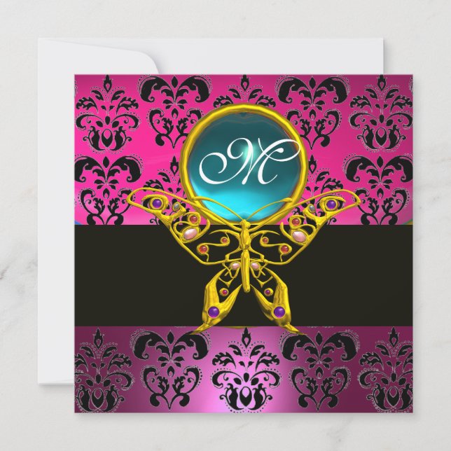 HYPER BUTTERFLY MONOGRAM, rosa, lila Damassoblau Einladung (Vorderseite)