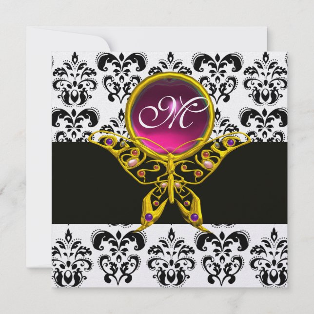 HYPER-BUTTERFLY-MONOGRAM, Schwarz-weißer Damast, r Einladung (Vorderseite)