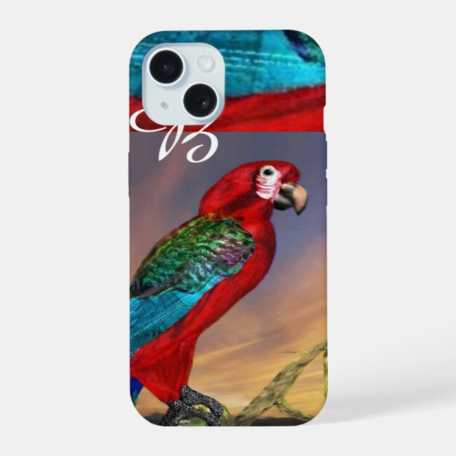 HYPER PAPAGEIEN / ROTER ARA MONOGRAMM iPhone 15 HÜLLE (Rückseite)