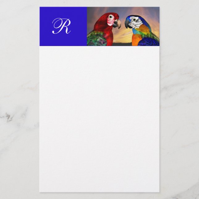 HYPER-PAPAGEIEN / ROTER UND BLauer ARA  MONOGRAMM Briefpapier (Vorderseite)