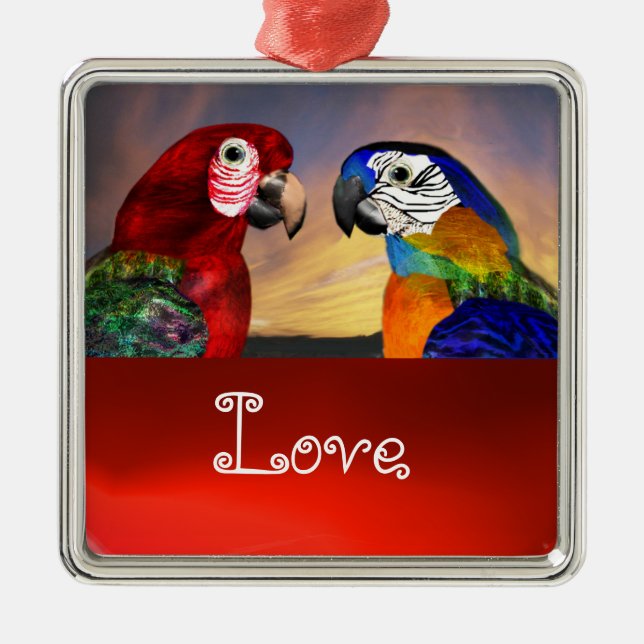 HYPER PARROS / BLAUE UND RED ARA Ruby Liebe Silbernes Ornament (Vorne)