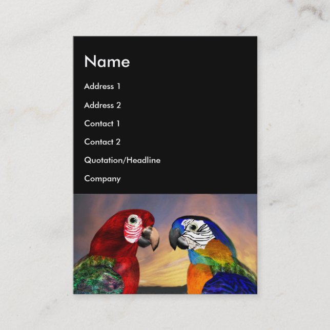 HYPER PARROS / ROTE UND BLAUE ARA, schwarz Visitenkarte (Vorderseite)