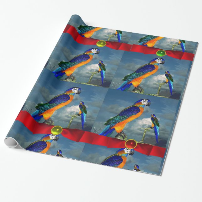 HYPER PARROTS /BLAUE ARA MIT ROTEN RIBONEN GESCHENKPAPIER (Ungerollt)