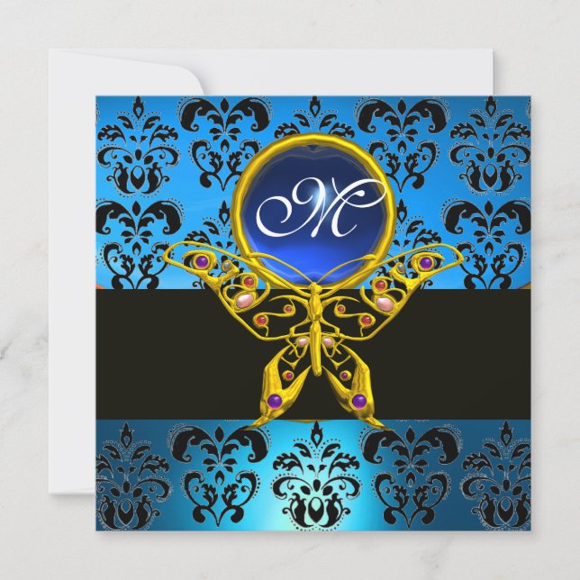HYPER SCHMETTERLING MONOGRAMM, blau Damast, Saphir Einladung (Vorderseite)