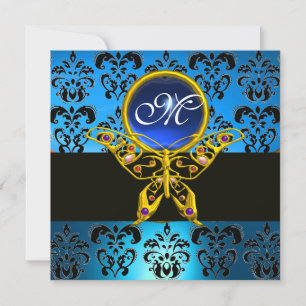 HYPER SCHMETTERLING MONOGRAMM, blau Damast, Saphir Einladung