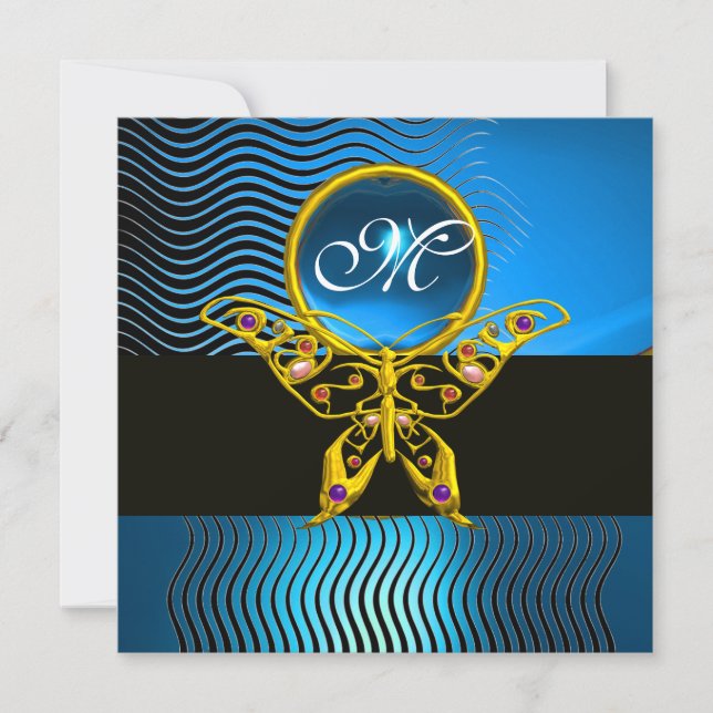 HYPER SCHMETTERLING MONOGRAMM, wellen blauer Saphi Einladung (Vorderseite)