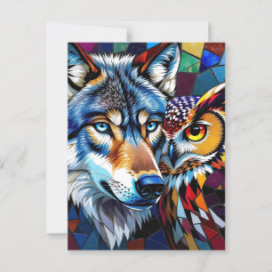 Hyperrealistisches Wolf- und Eulenmosaik Postkarte