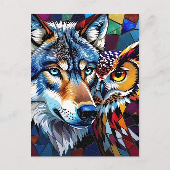 Hyperrealistisches Wolf- und Eulenmosaik Postkarte (Vorderseite)