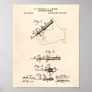 Hypodermische Spritze 1893 Patent Art Old Peper Poster