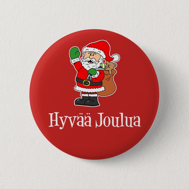 Hyvaa Joulua Finnische Weihnachtsfeier Santa Red Button (Vorderseite)