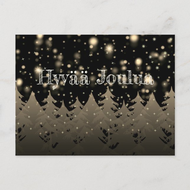 Hyvää Joulua Gold Starry Night Schneefall Bäume Postkarte (Vorderseite)