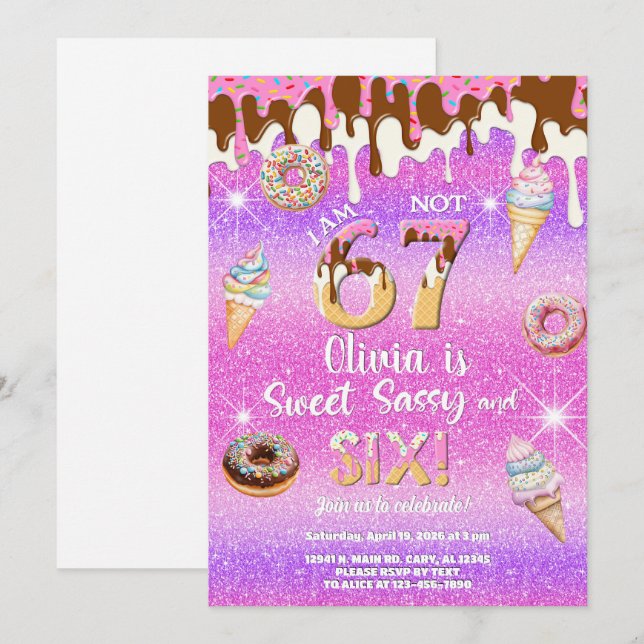 I am 6 not 7 girl 6th birthday invitation. einladung (Vorne/Hinten)