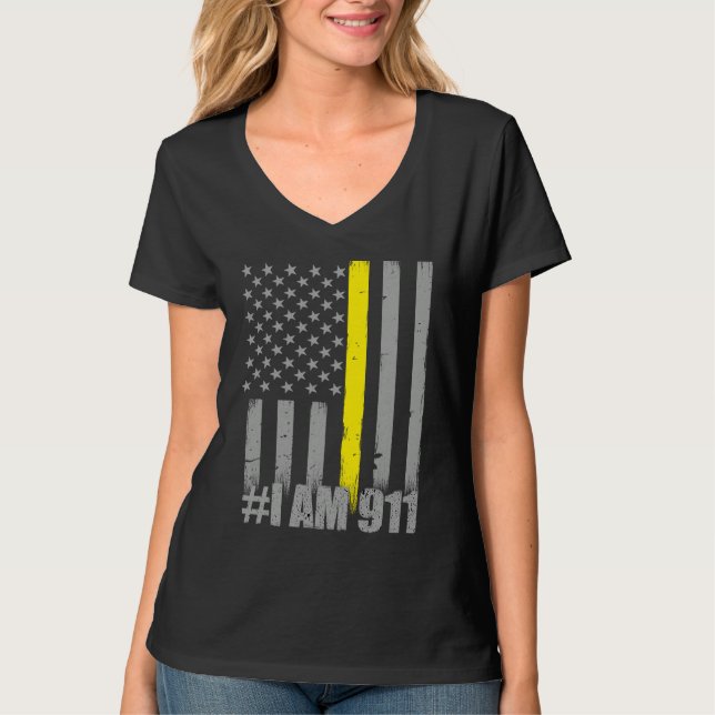 I Am 911  Thin Gold Line Flag  Police Dispatcher T-Shirt (Vorderseite)