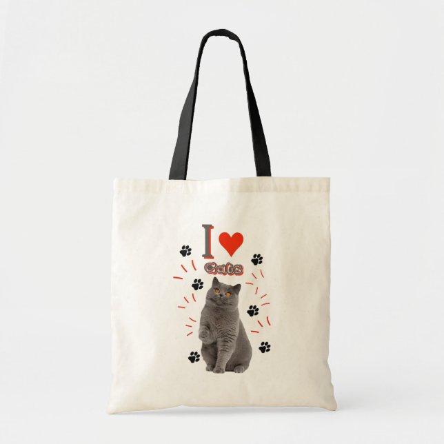 I ❤️ Cats – Cute Cat & Paw Print Design Tragetasche (Vorne)