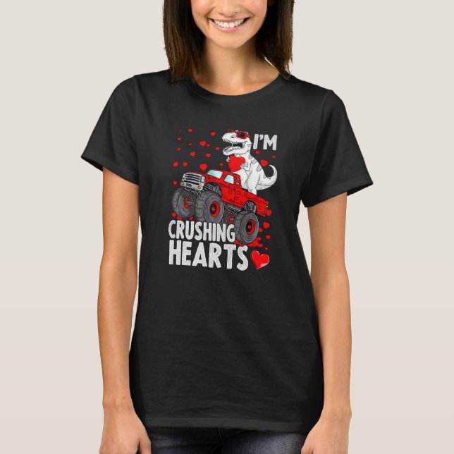 I Crush Hearts Trex Dino Monster Truck Boys Valent T-Shirt (Vorderseite)