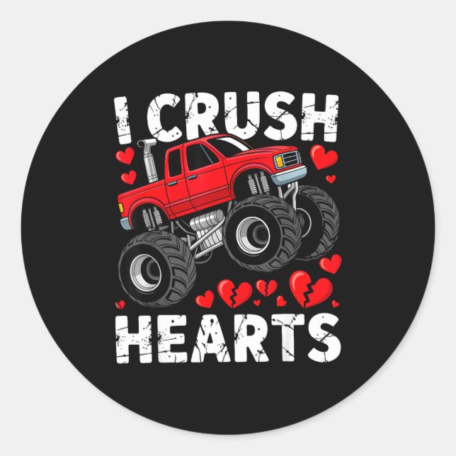 I Crush Hearts Valentine Monster Truck Boys Toddle Runder Aufkleber (Vorderseite)