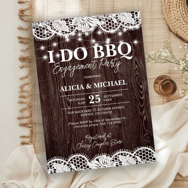 I DO BBQ rustic wood lace engagement party Einladung (Von Creator hochgeladen)