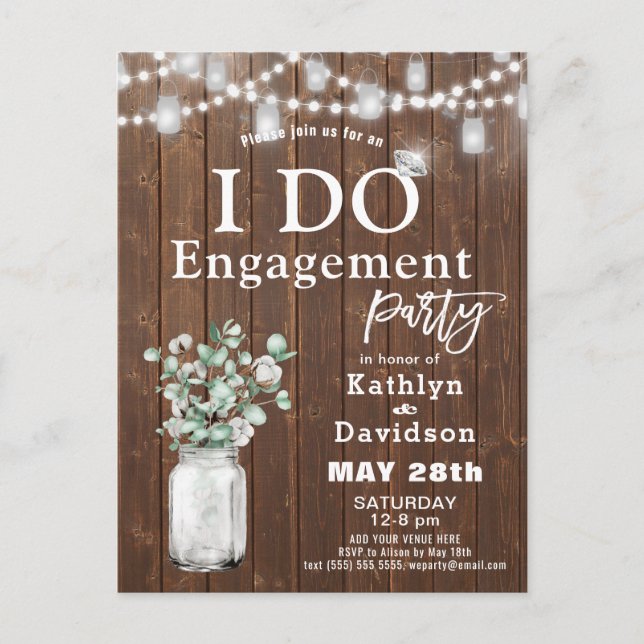 I Do Elegant Eucalyptus Mason Jar Engagement Party Einladungspostkarte (Vorderseite)