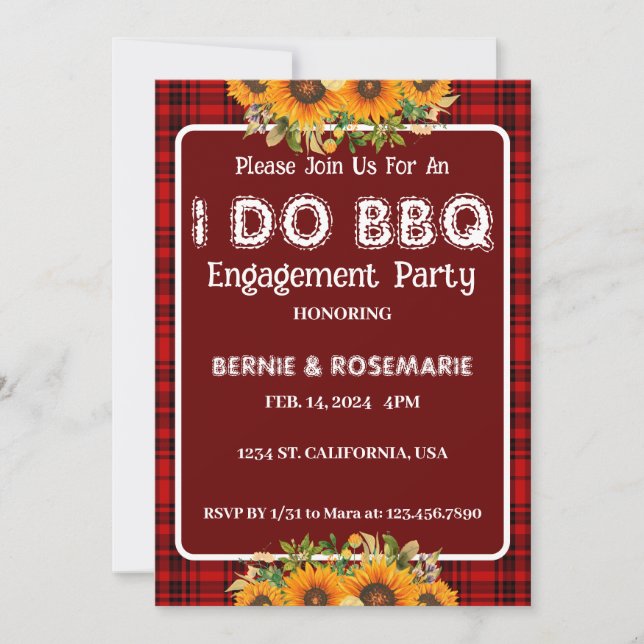I DO GRILLEN Checkered Sunflower Engagement Party Einladung (Vorderseite)