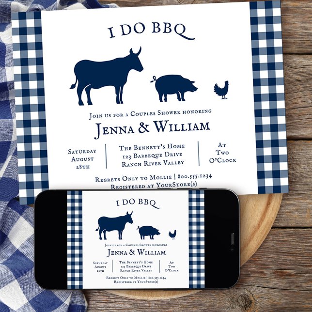 I Do GRILLEN Farmhouse Navy Blue Karierten Paare D Einladung (I DO BBQ couples shower grill themed invitation from my rustic farmhouse BBQ collection
)