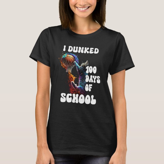 I Dunked 100 Days Of School Cat Basketball Groovy  T-Shirt (Vorderseite)