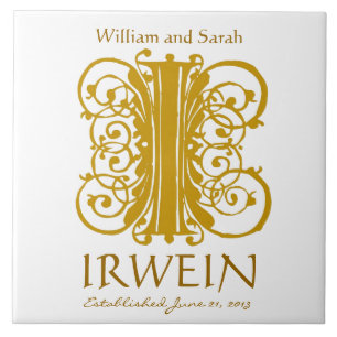 I Gold Monogram on White - Names Wedding Date Tile Fliese