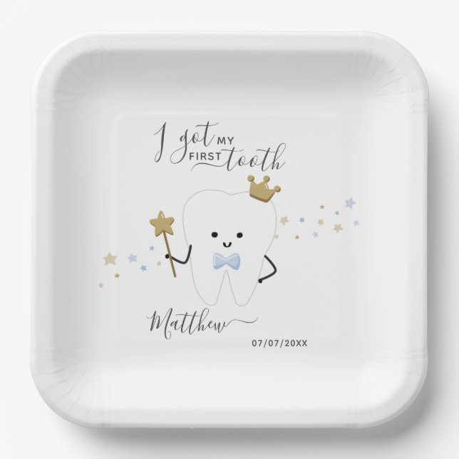 I got my first tooth Baby Boy Teething Date Squar Pappteller (Vorderseite)